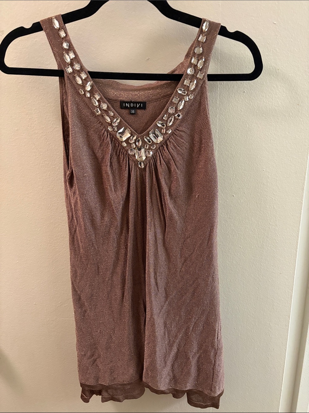 Brown Embellished V-Neck Sleeveless Top